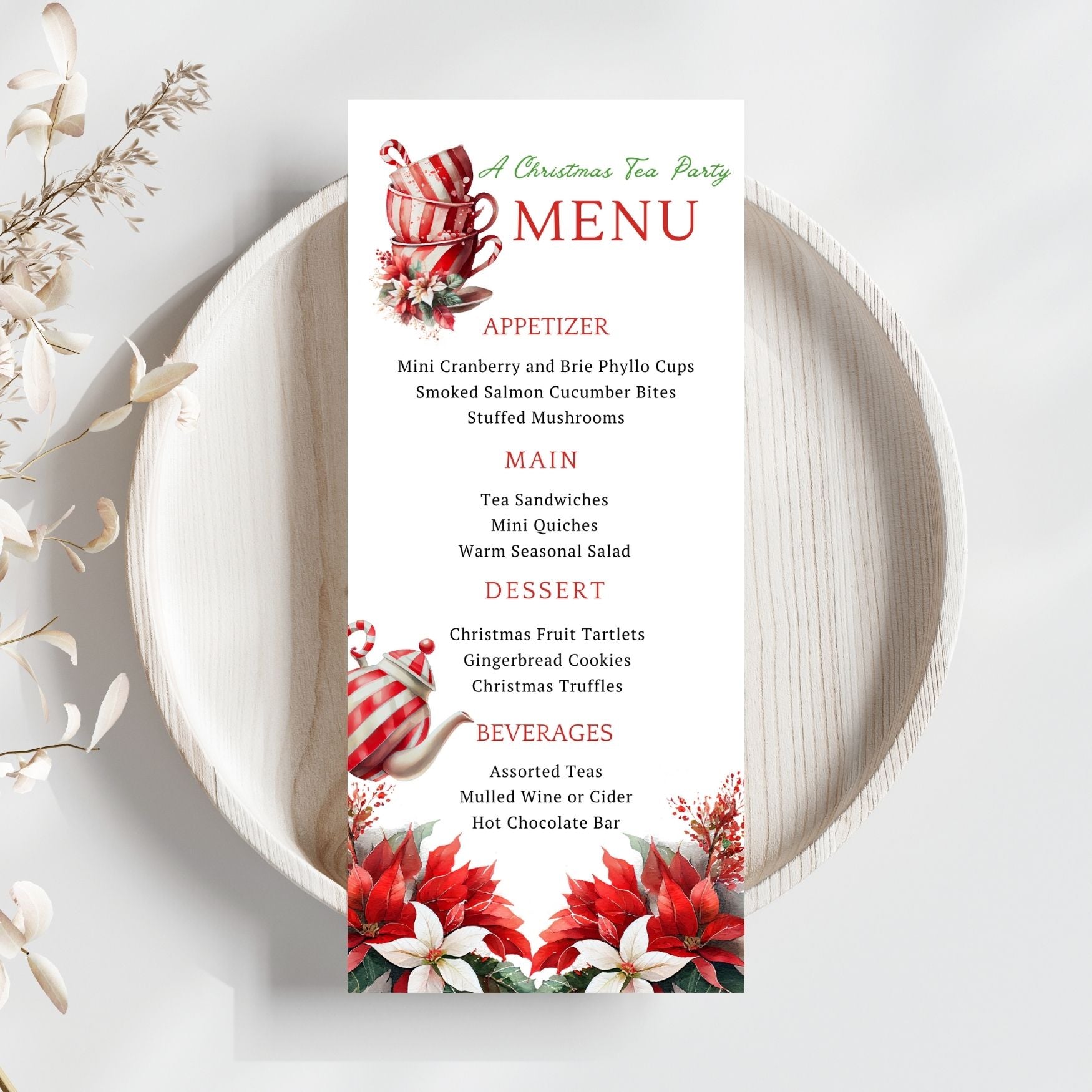Flowers Tea Christmas-themed menu card with festive design on a white plate.
