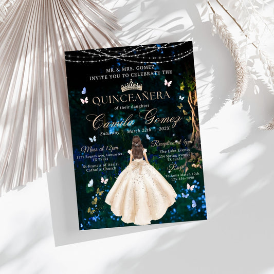 Quinceanera invitation with a enchanted forest background, butterfly design, and a photo of a girl in a light pink dress.