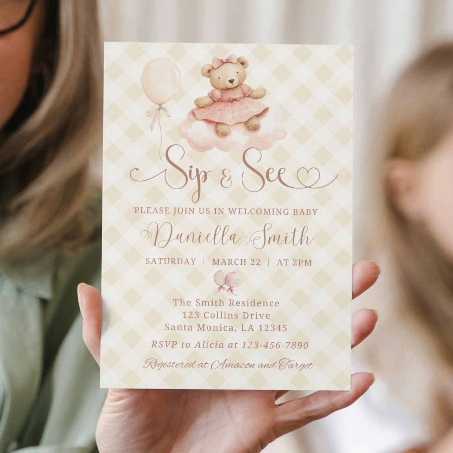 Editable Baby shower invitation with Cute teddy bear design held by a person