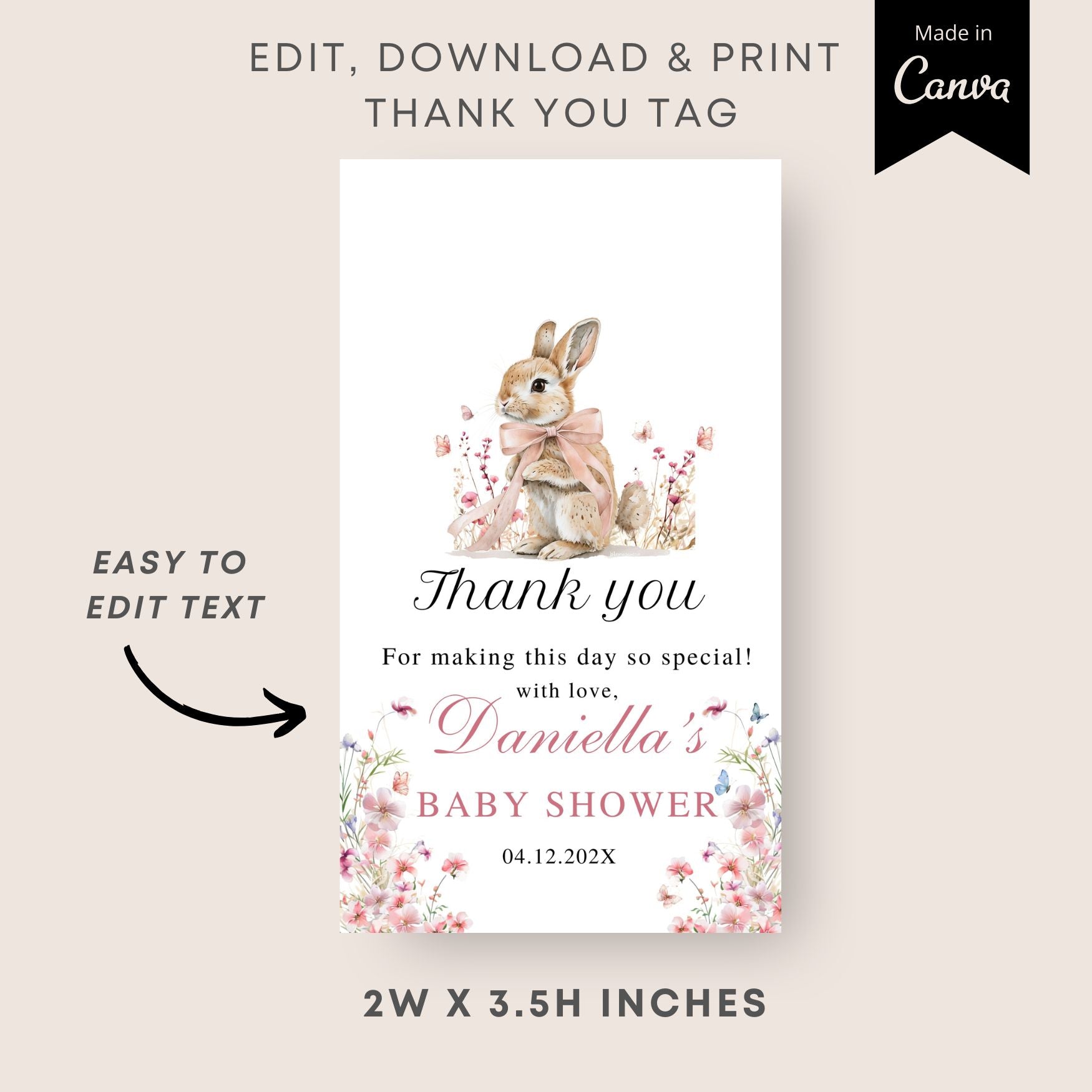 Baby shower thank you tag with a rabbit illustration and customizable text on a light beige background.