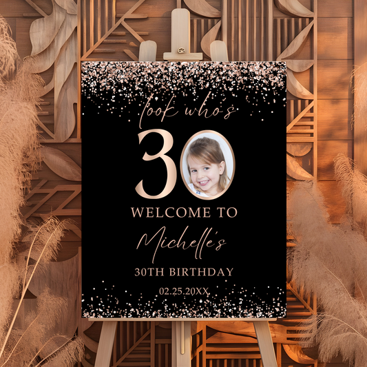Editable 30th Birthday Welcome Sign, Rose Gold Confetti Photo Poster, Look Who’s 30, Instant Download Party Decor