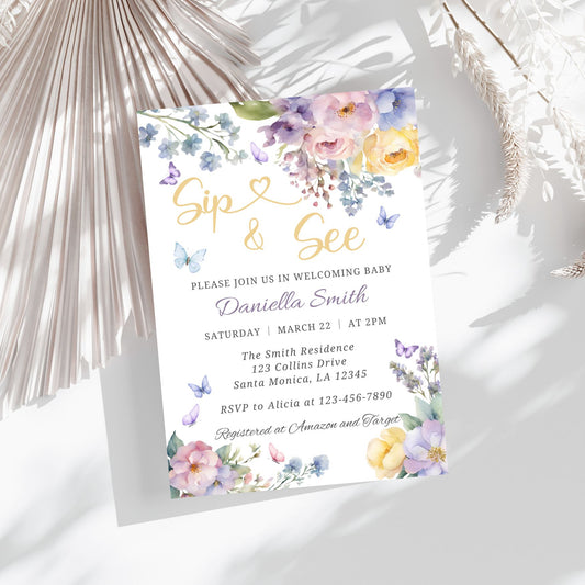 Baby shower invitation with Colorful floral and butterfly design on a white background