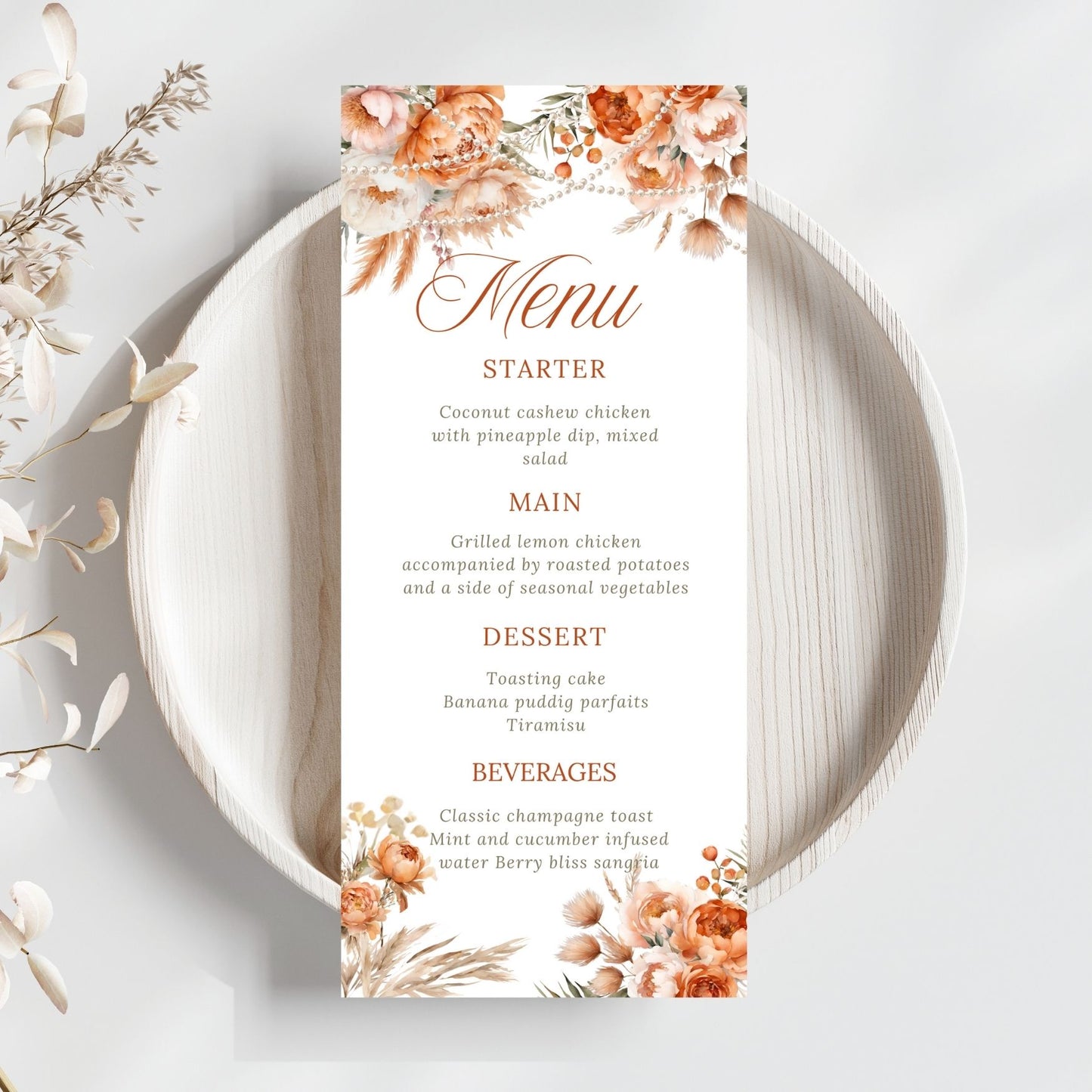 Printable Coral Flowers and Pearls Menu Card