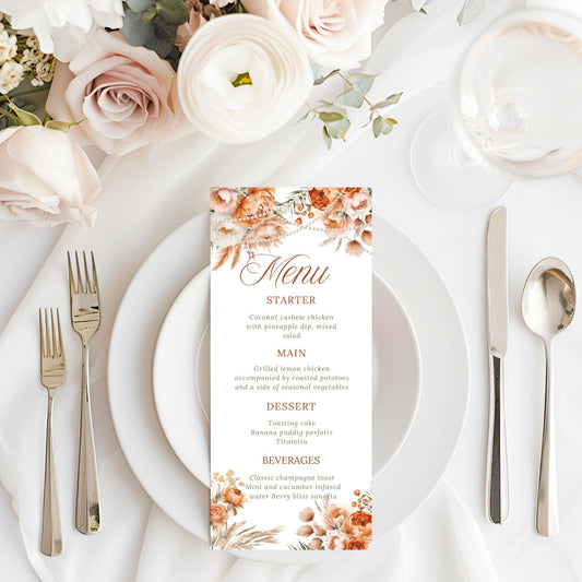 Printable Coral Flowers and Pearls Menu Card