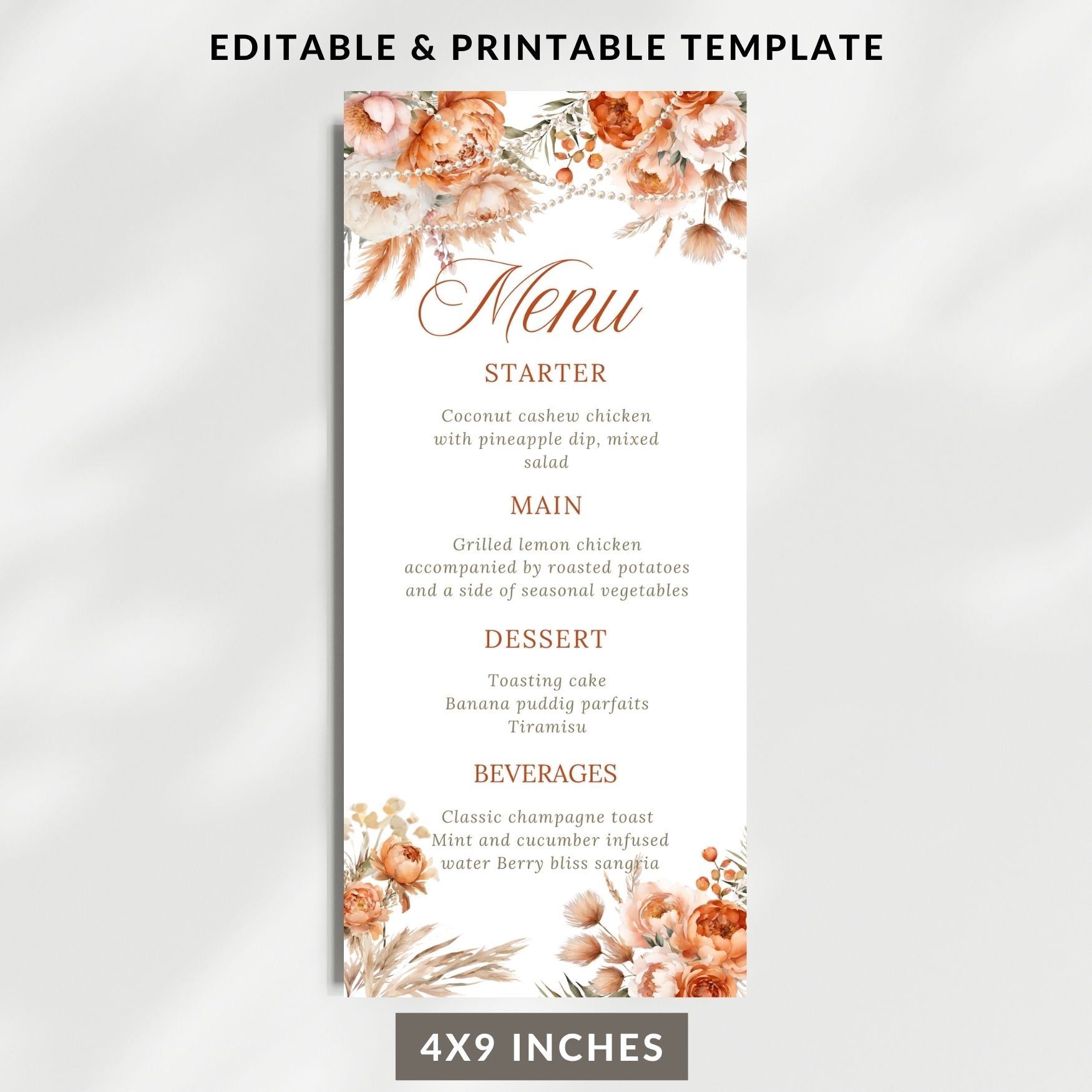 Printable Coral Flowers and Pearls Menu Card