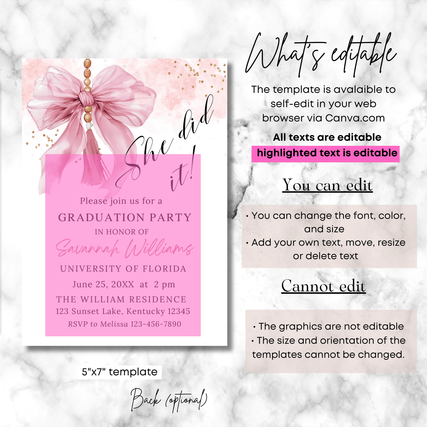 Editable Pink and Gold Graduation Invitation Template