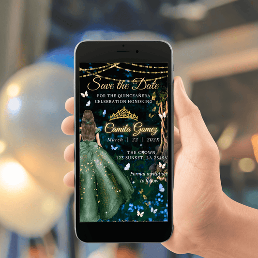 Green Gold Video save the date Invitation for Quince