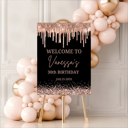 Glitter Drip Rose Gold Birthday Welcome Sign