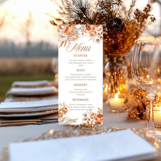 Printable Coral Flowers and Pearls Menu Card