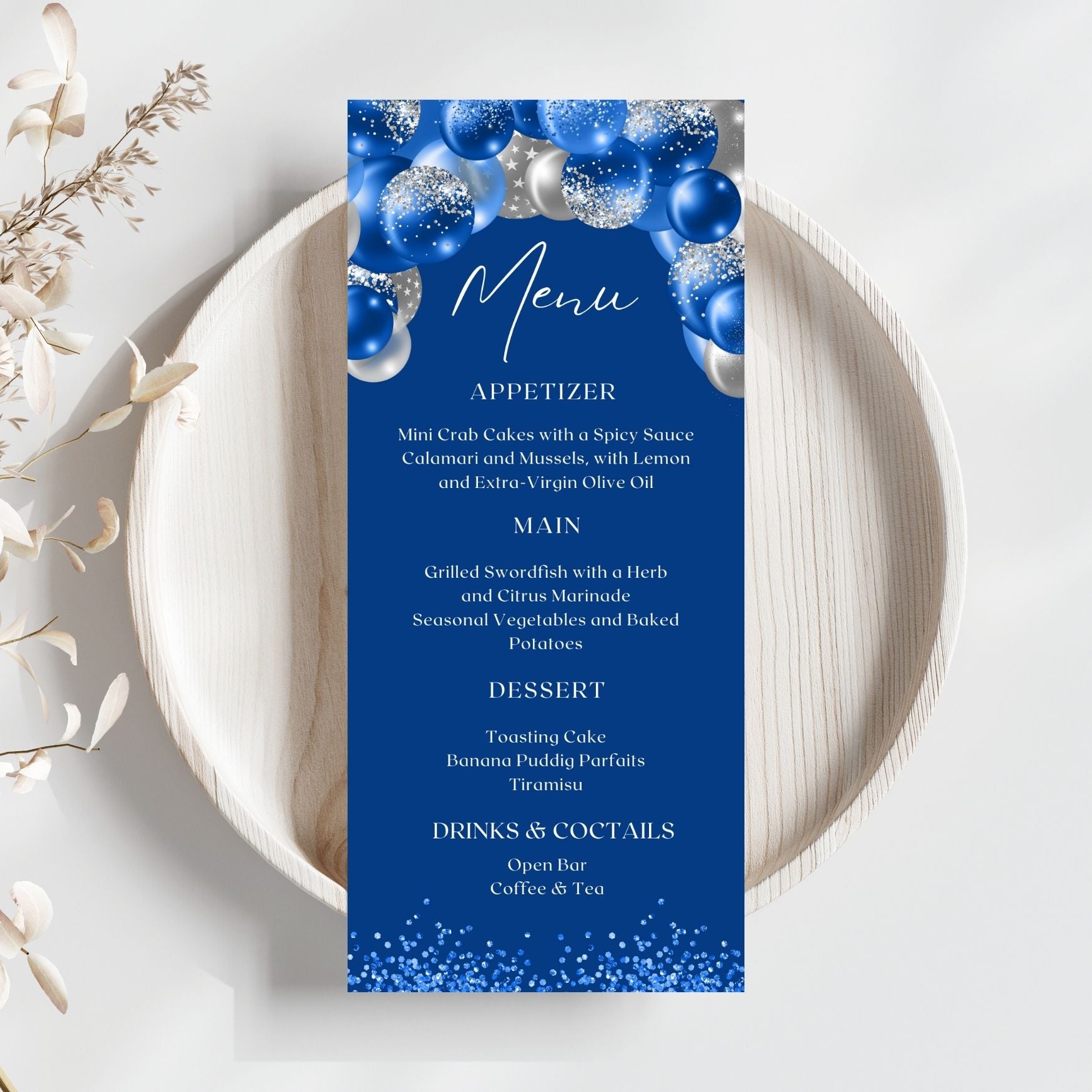 Editable Royal Blue and Silver Glitter Menu Card Template