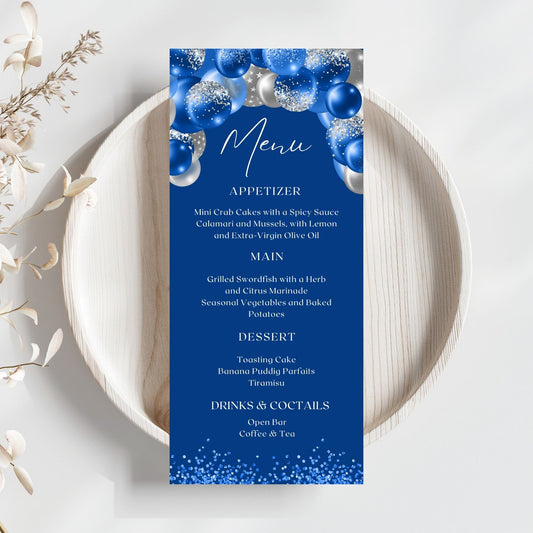 Editable Royal Blue and Silver Glitter Menu Card Template