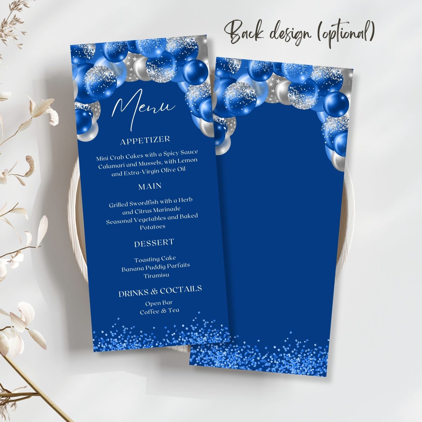 Editable Royal Blue and Silver Glitter Menu Card Template