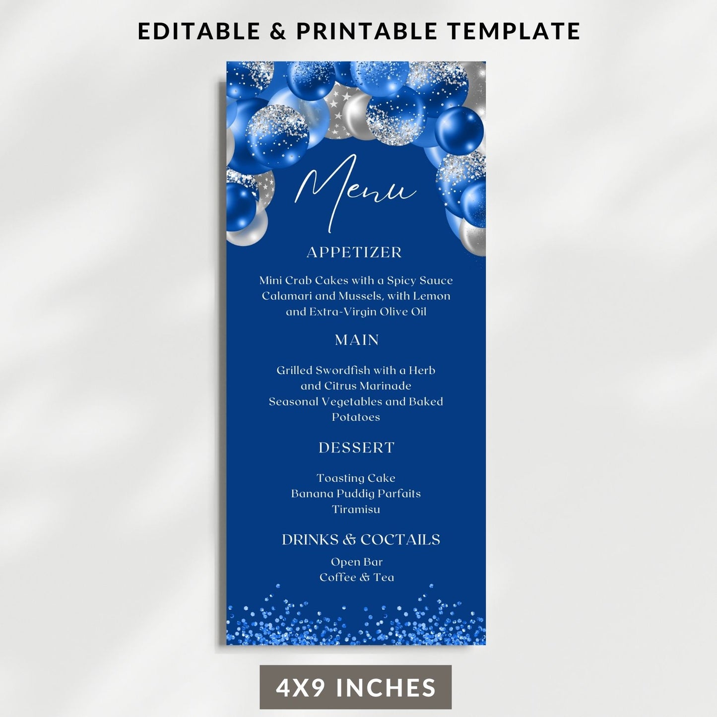 Editable Royal Blue and Silver Glitter Menu Card Template