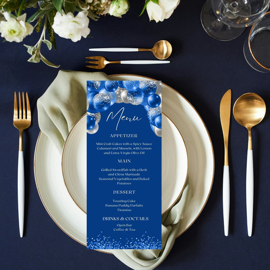 Editable Royal Blue and Silver Glitter Menu Card Template