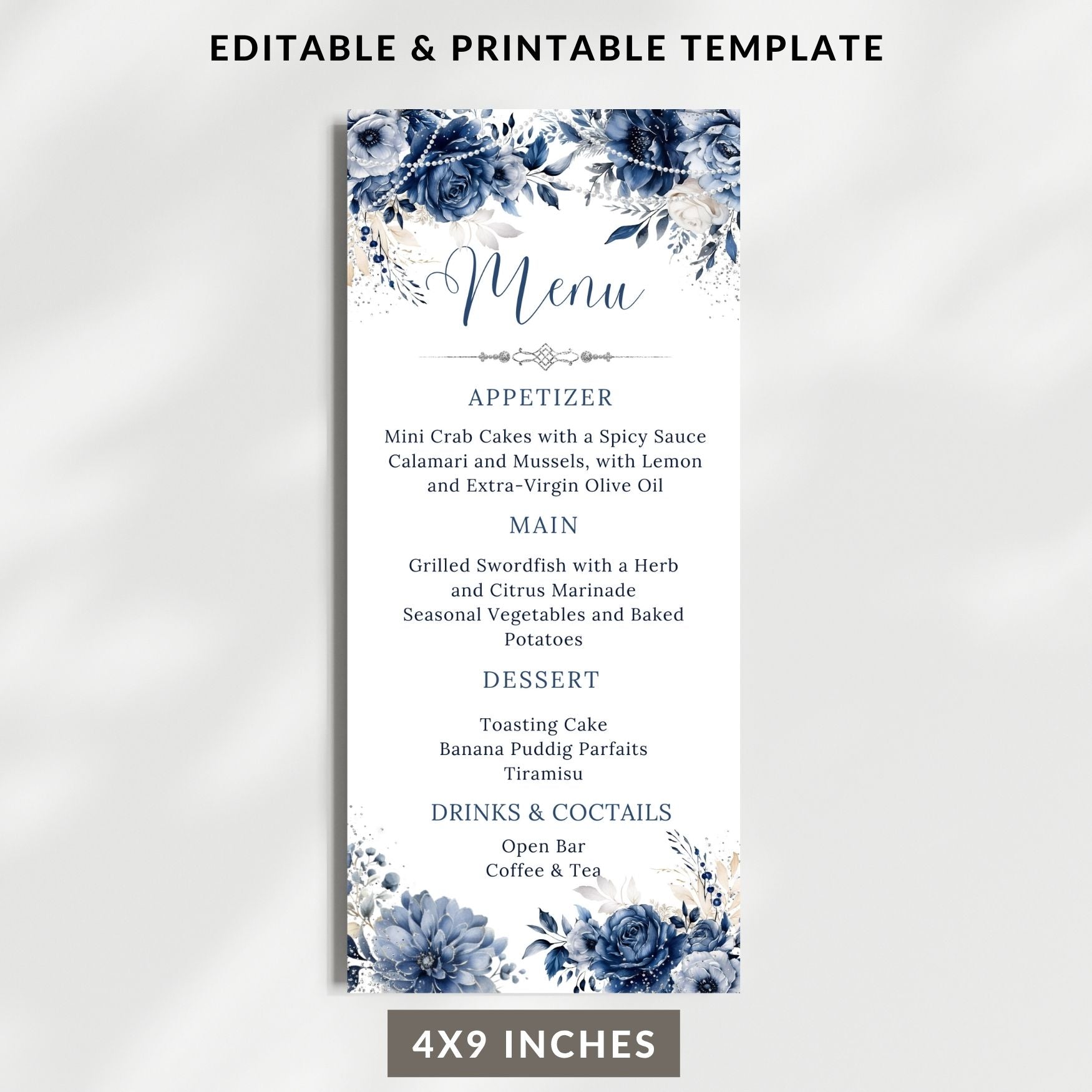 Menu template with blue floral and pearls design on a white background