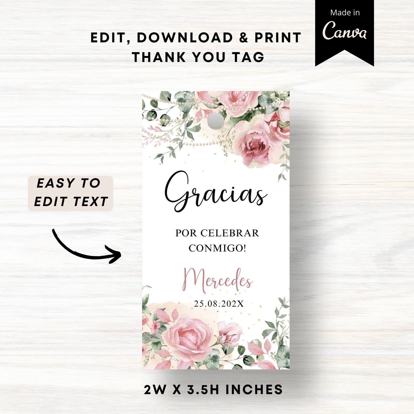 Editable Spanish Floral and Pearls Thank You Tag