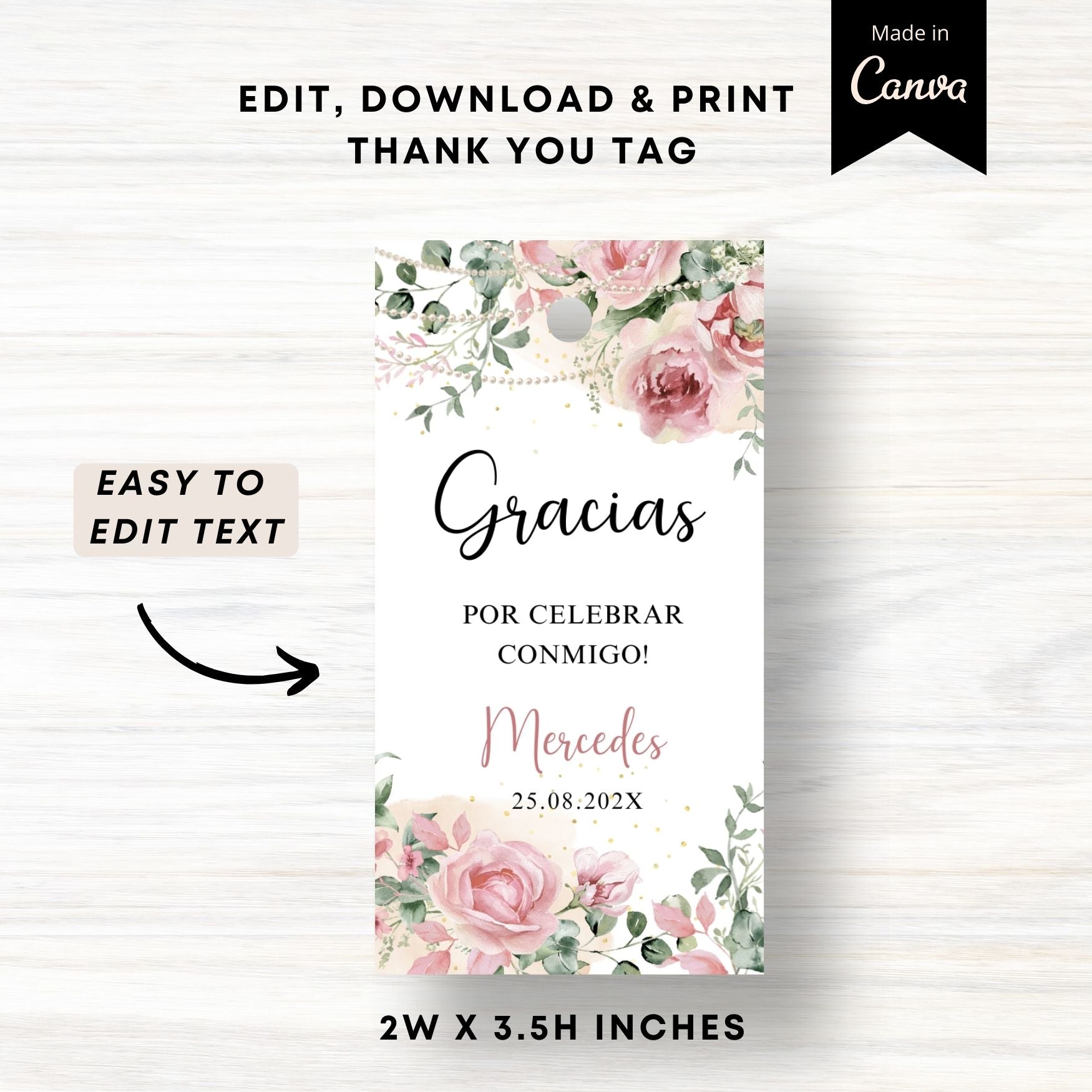 Editable Spanish Floral and Pearls Thank You Tag