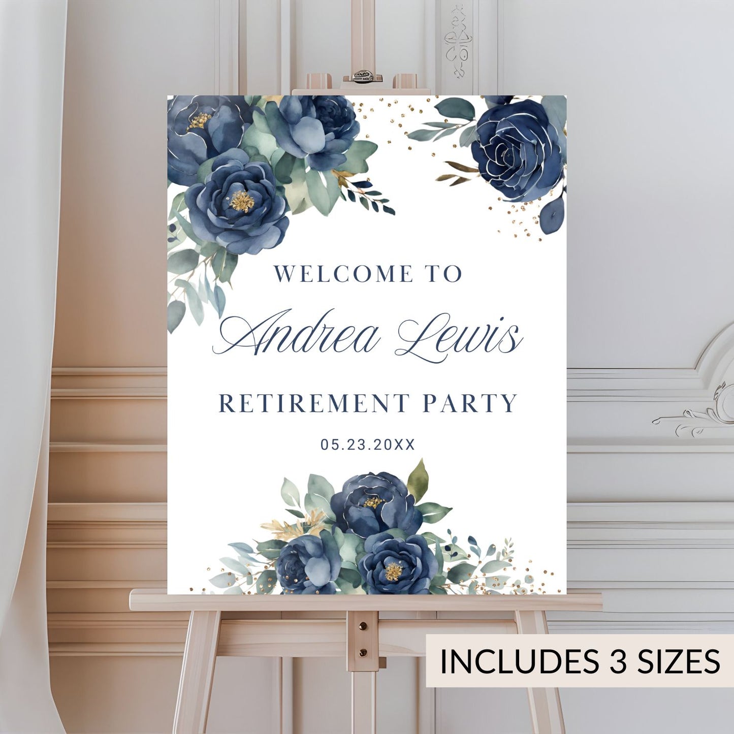 Editable Navy Gold Watercolor Floral Retirement Welcome SignEditable Navy Gold Watercolor Retirement Welcome Sign