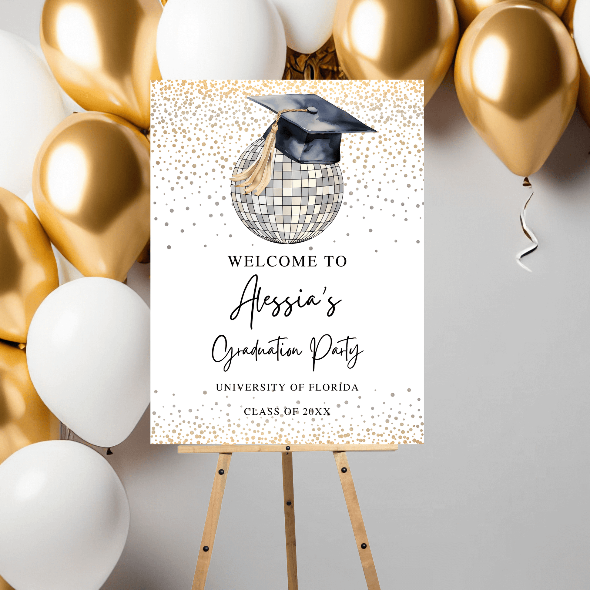 Modern Disco Ball and Gold Silver Cofetti Graduation Sign