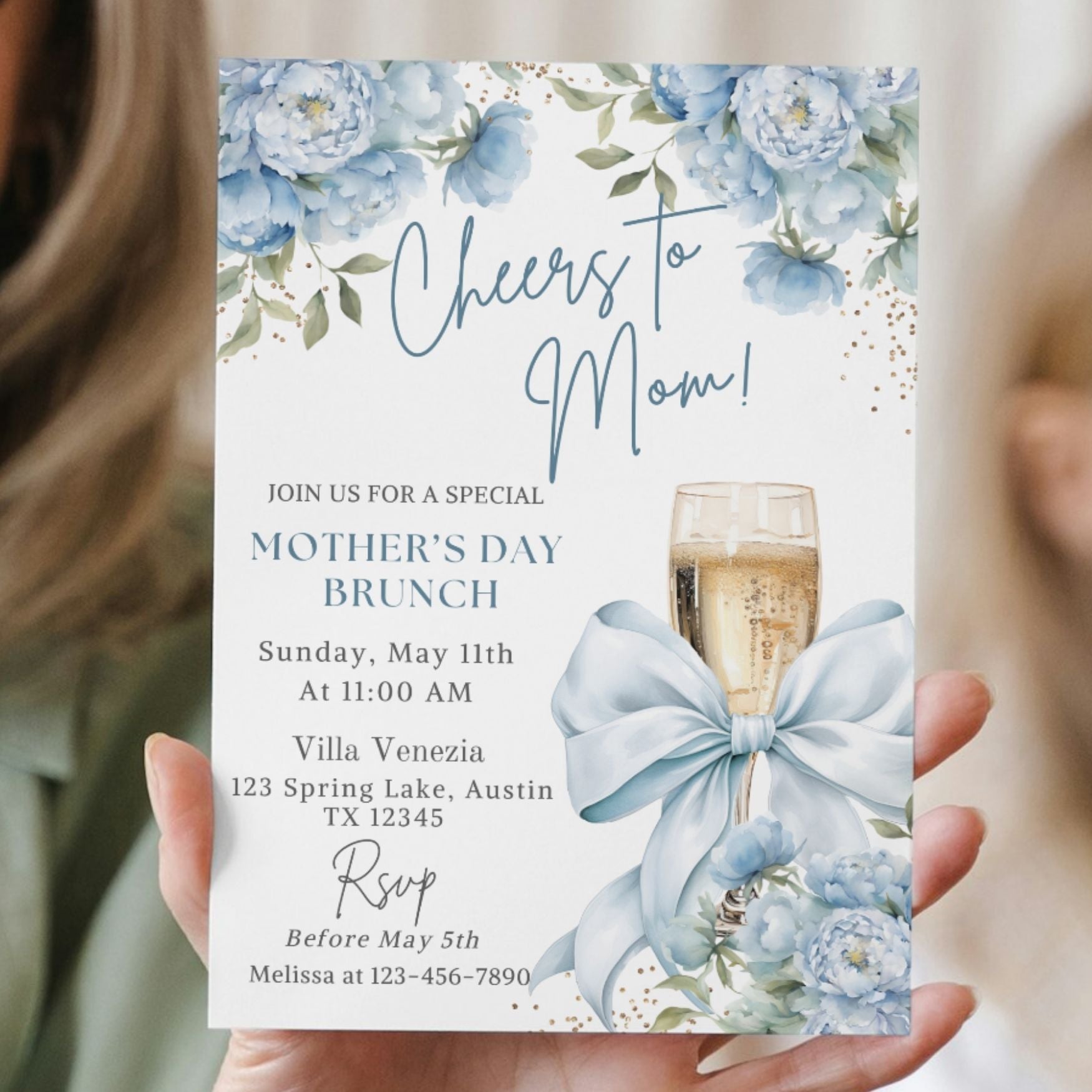 Cheers to Mom Elegant Dusty Blue Brunch Invitation