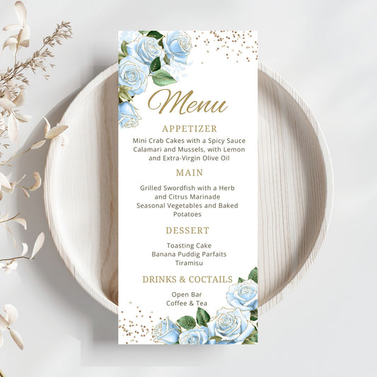Menu card with Baby blue floral design on a white plate