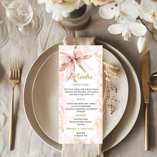 Elegant Pink Gold Bow Menu Card Template