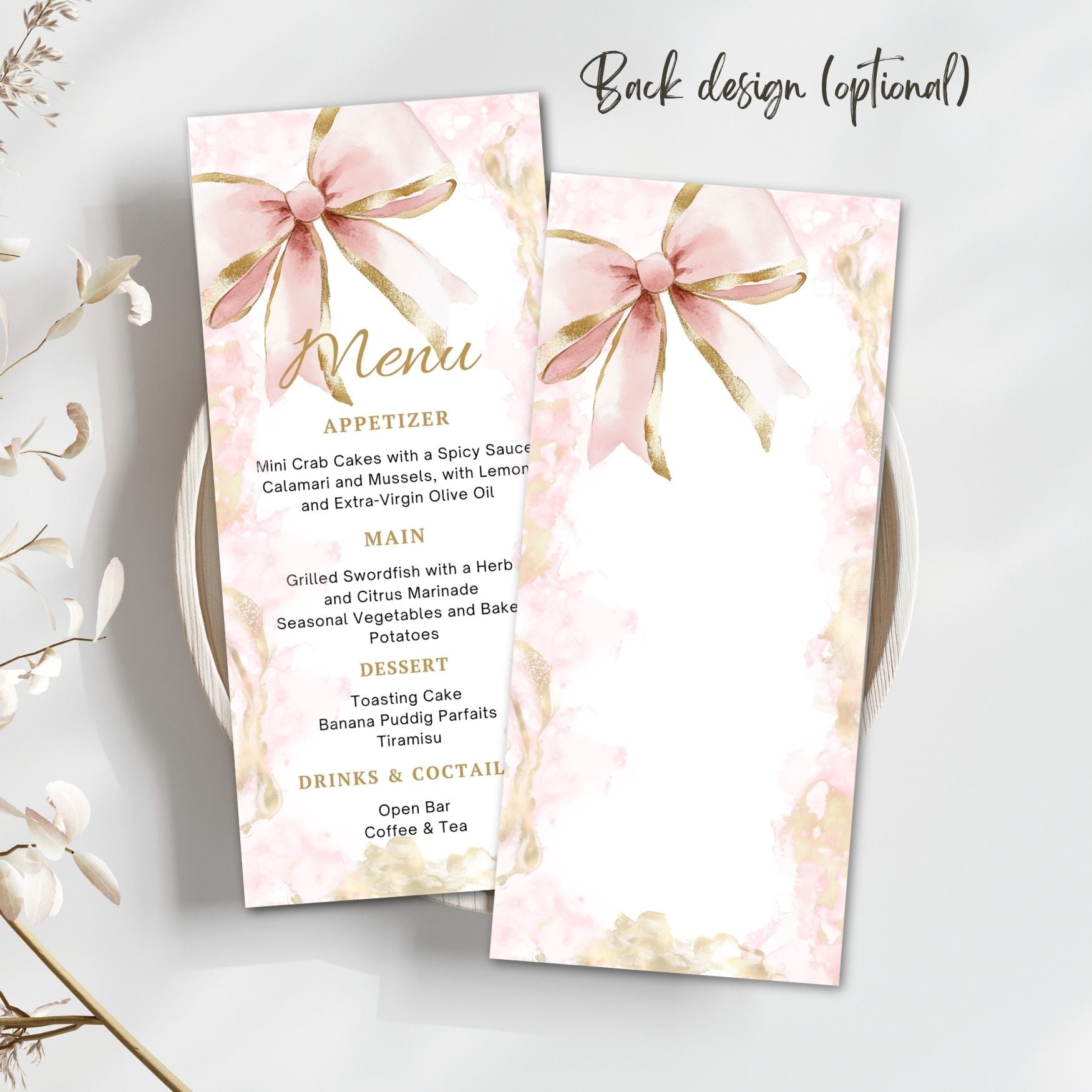 Elegant Pink Gold Bow Menu Card Template