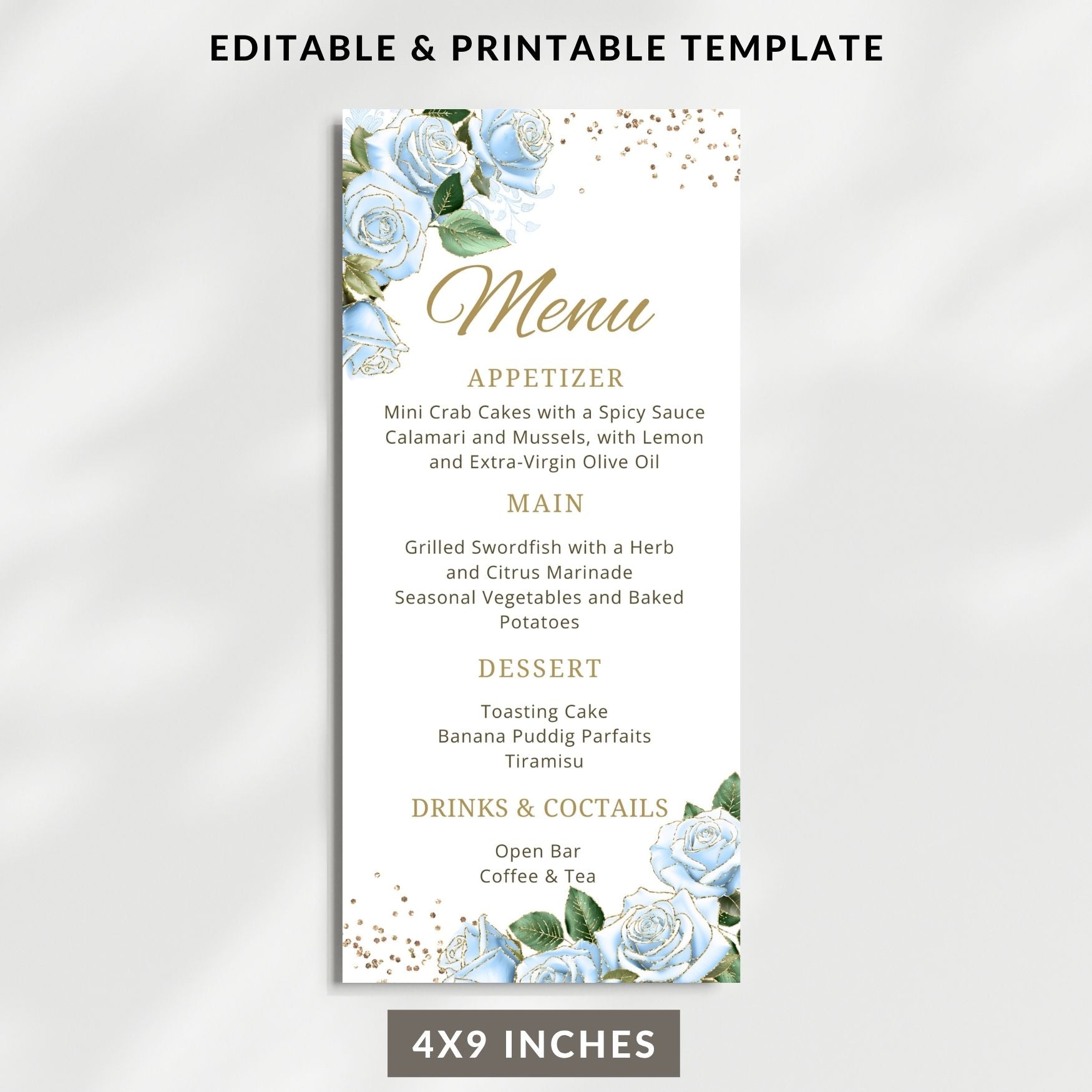 Menu template with blue roses and gold text on a white background