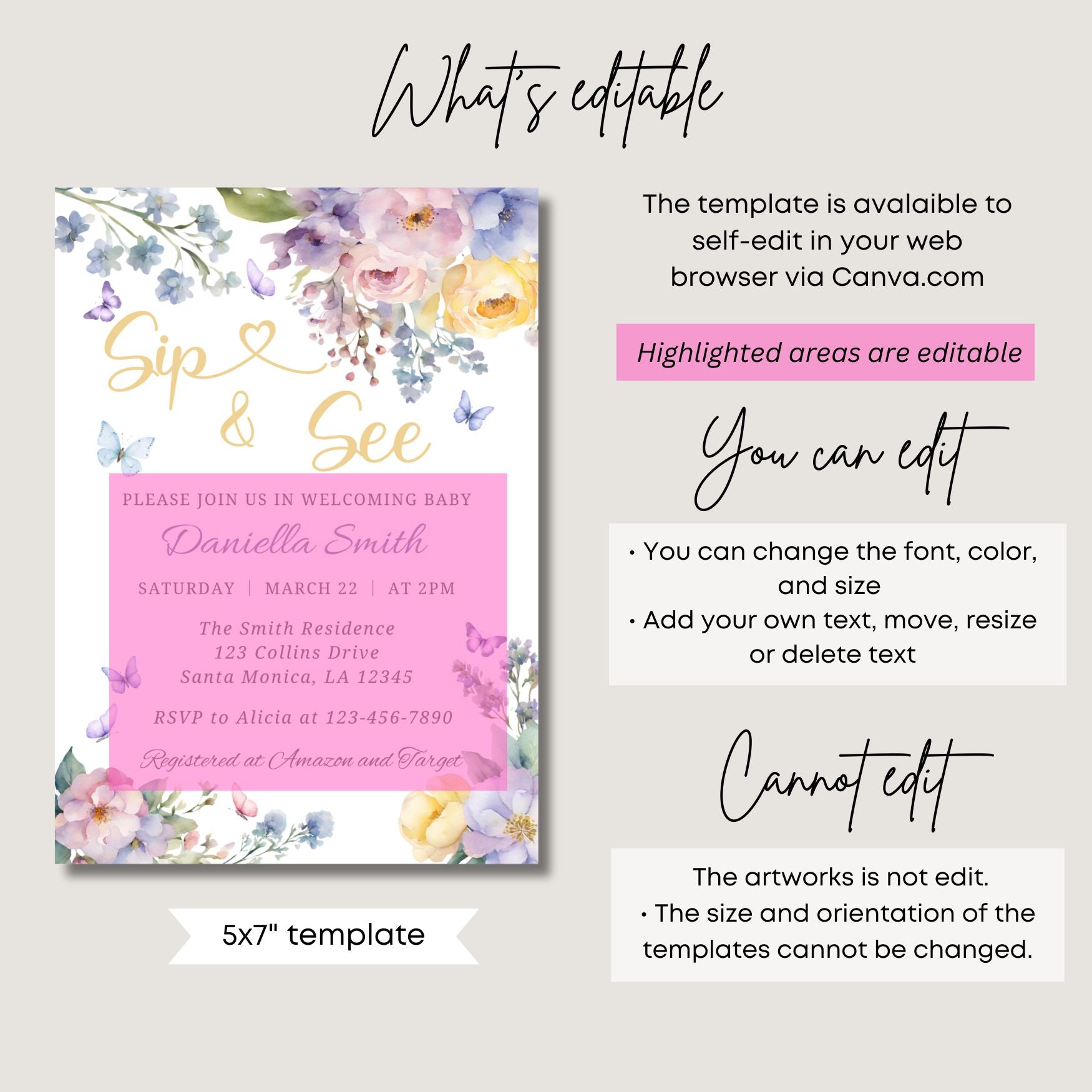 Sip and see Baby shower invitation template with colorful floral design and text fields for customization