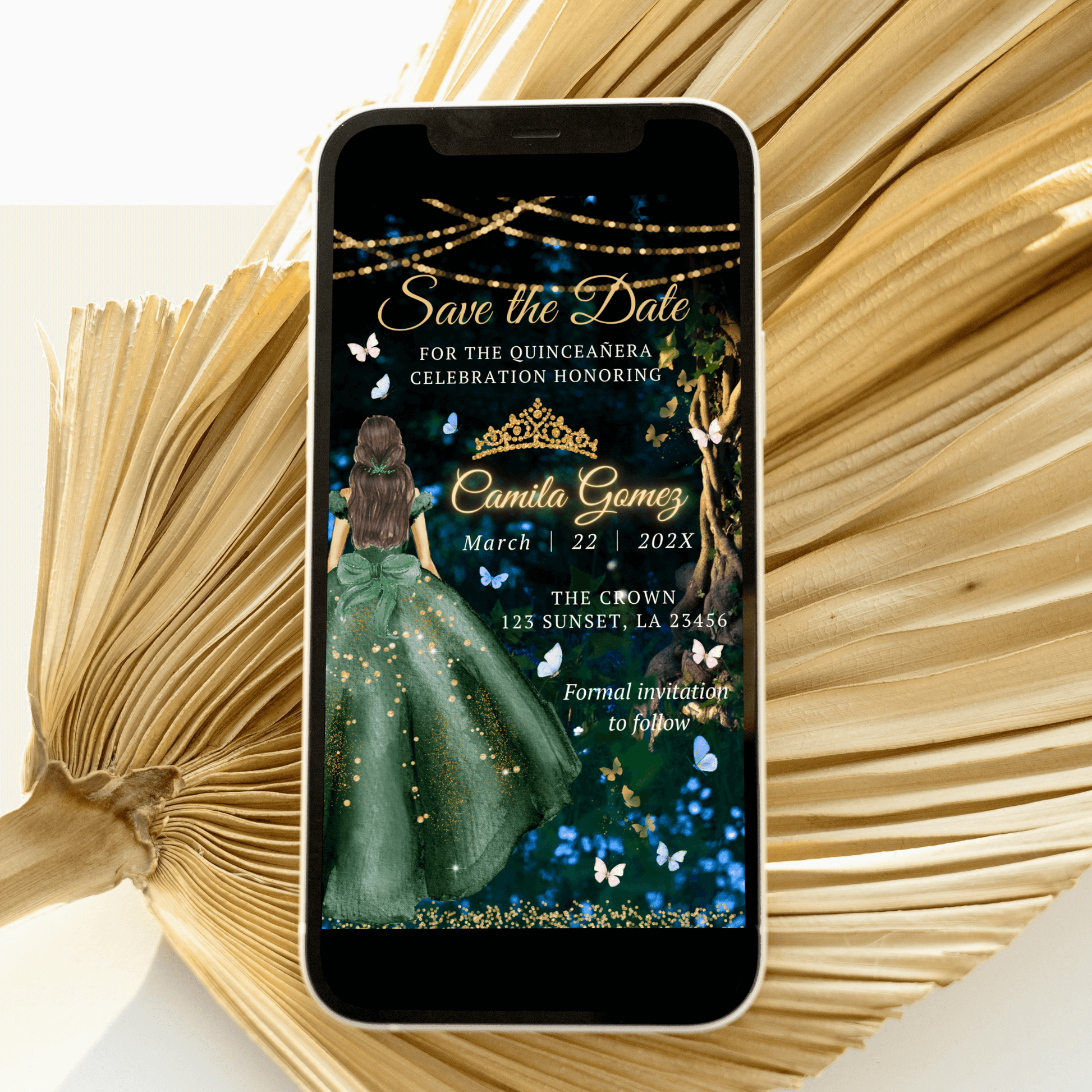 Green Gold Princess Quinceanera Save the date Invitation