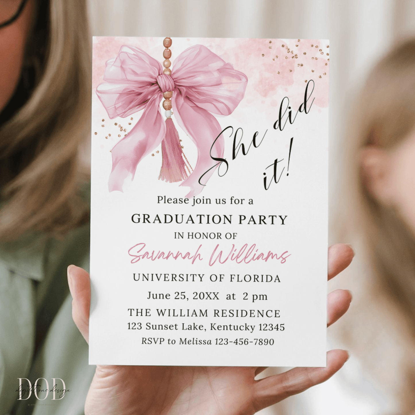 Custom pink Bow and Tassel  graduation invitation 