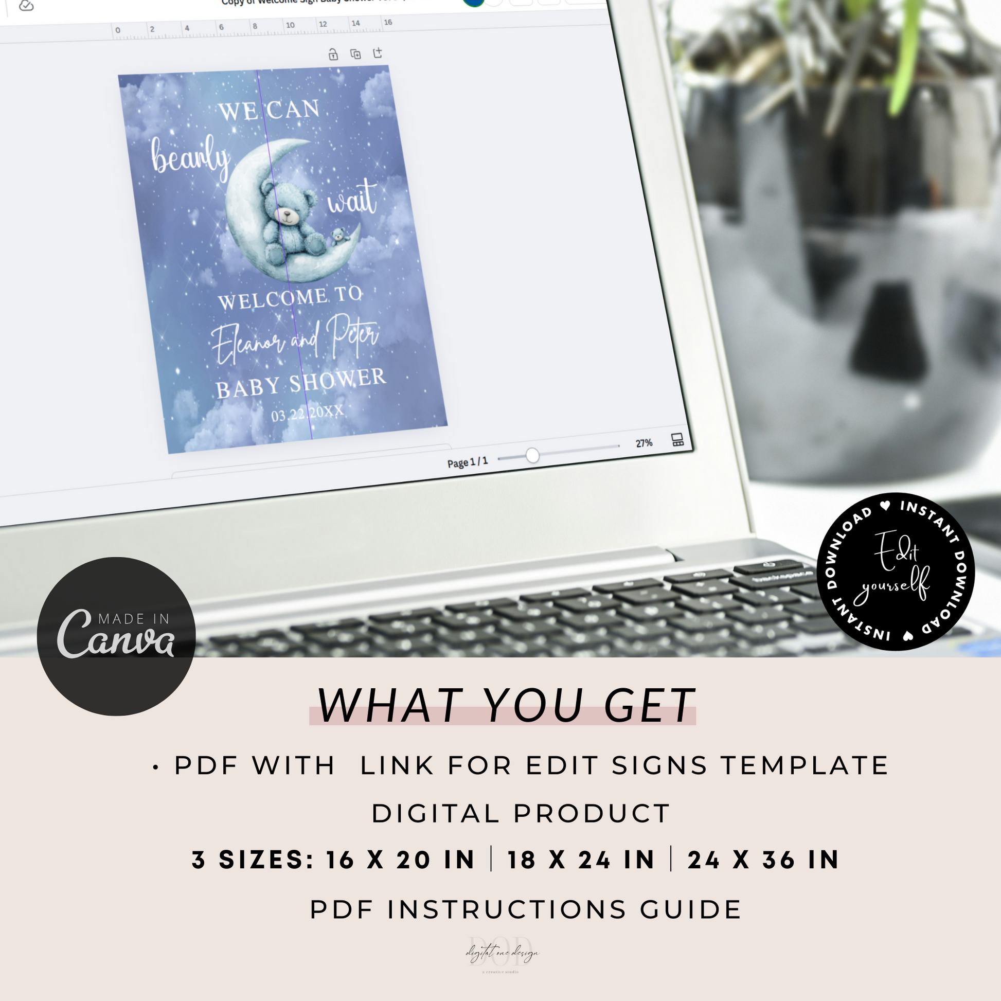 Baby shower welcome sign on a laptop, featuring a bear, moon, and stars theme with editable template details.