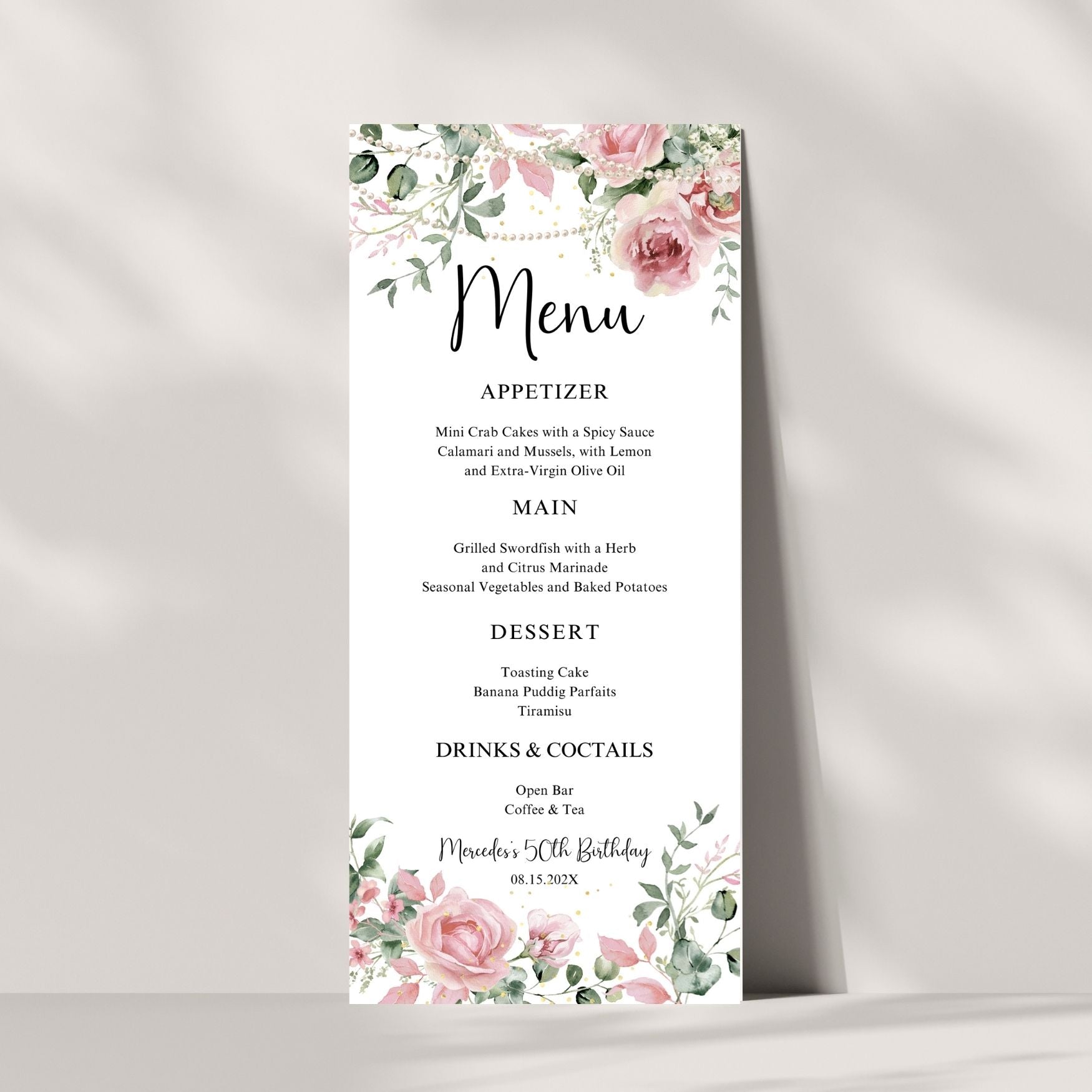 Pink Menu card with floral and pearls design on a white background
