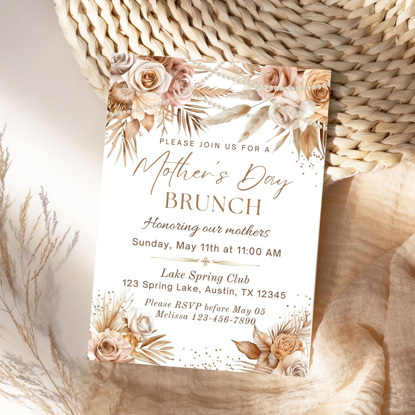 Elegant Boho Floral Mother's Day Brunch Invitation Template