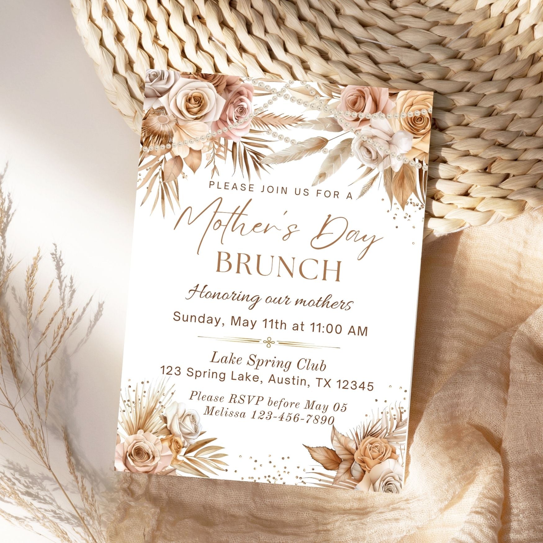 Elegant Boho Floral Mother's Day Brunch Invitation Template