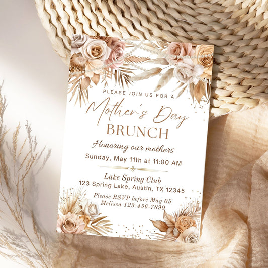 Elegant Boho Floral Mother's Day Brunch Invitation Template