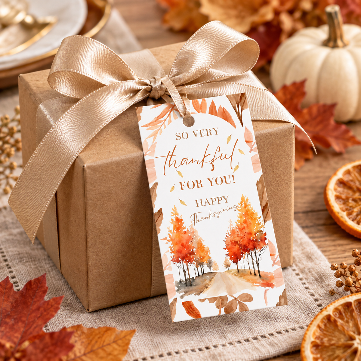 Printable Thanksgiving Favor Gift Tag Instant Download on a beautifully wrapped gift with autumn decorations.