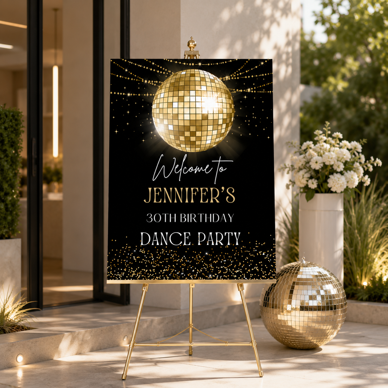 Modern Gold Disco Ball Birthday Party Welcome Sign at Jennifer's 30th Birthday Dance Party with a glittering backdrop.