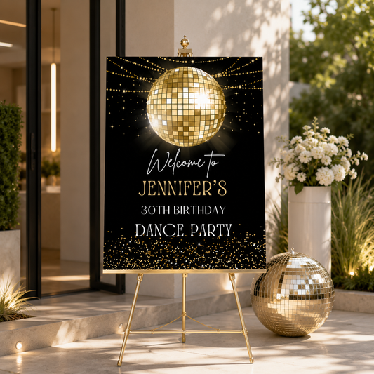 Modern Gold Disco Ball Birthday Party Welcome Sign at Jennifer's 30th Birthday Dance Party with a glittering backdrop.