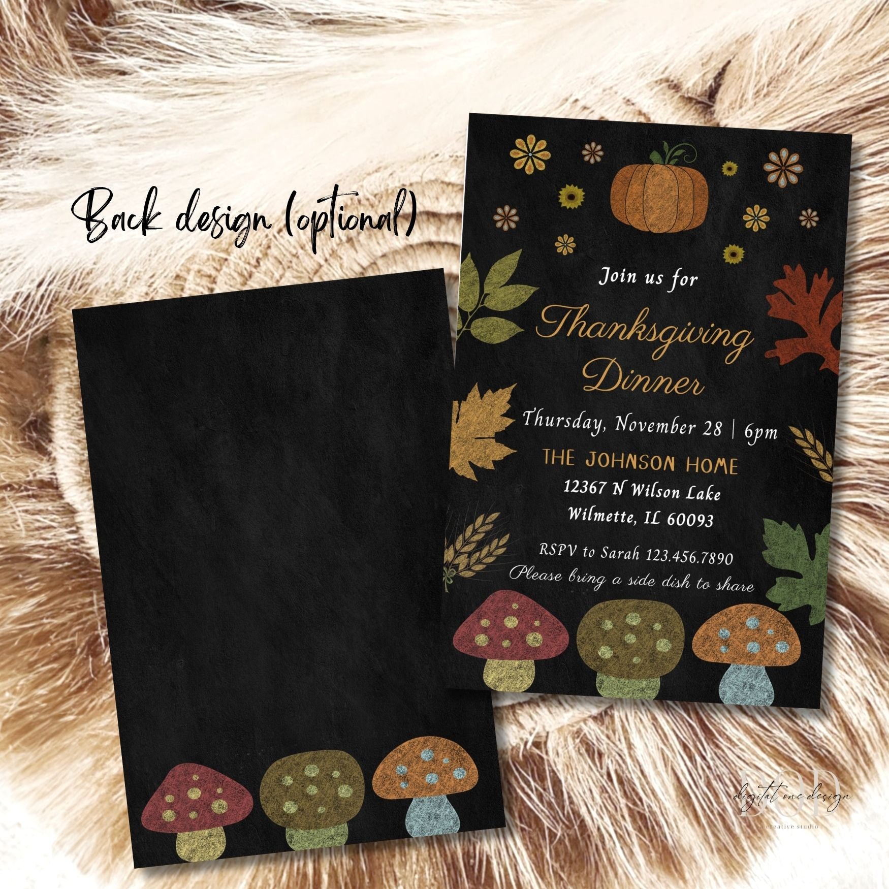 Thanksgiving dinner invitation with fall-themed Chalkboard on a textured surface