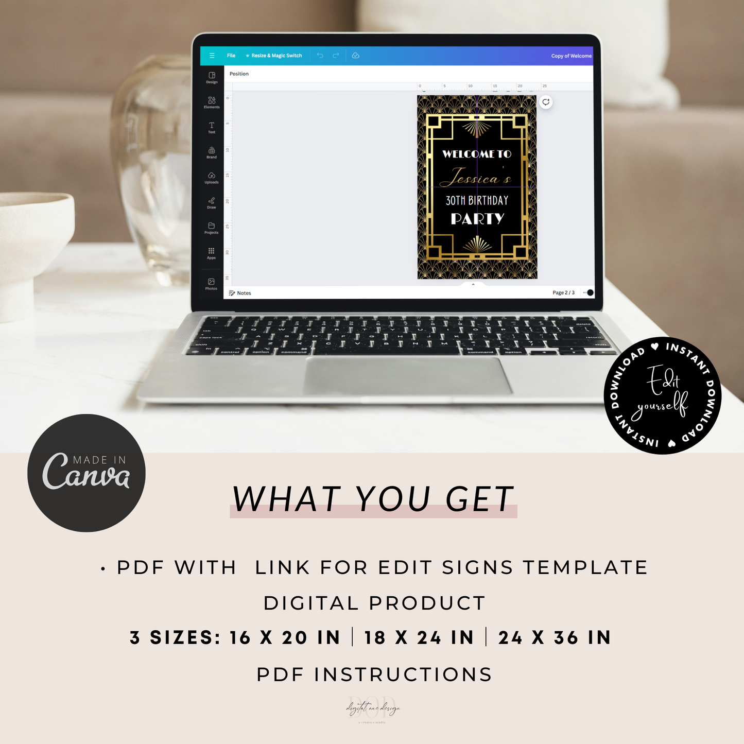 Art Deco Gatsby 1920's Birthday Party Welcome Sign displayed on a computer screen, showcasing the template available for digital download.