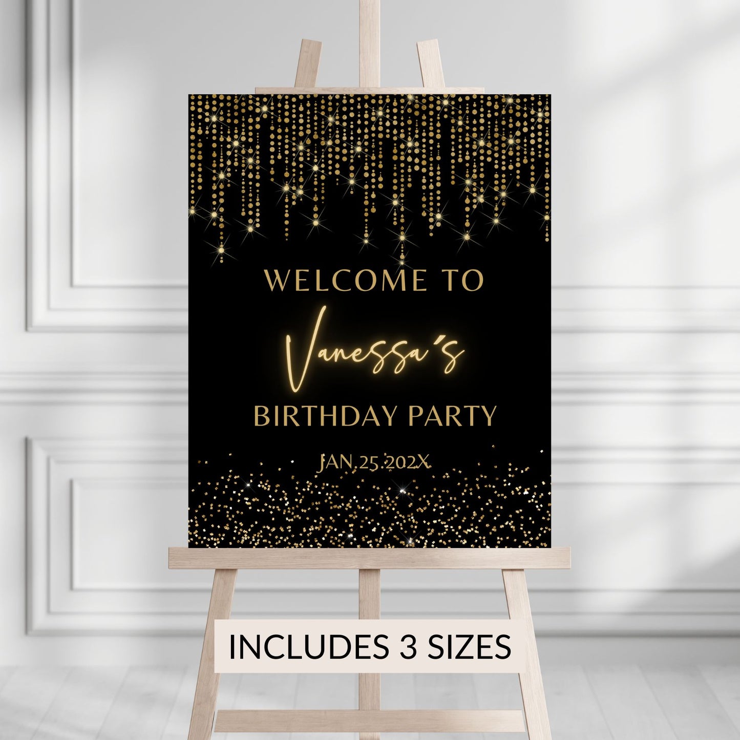Personalized birthday party sign with gold text on a black background, displayed on an easel.