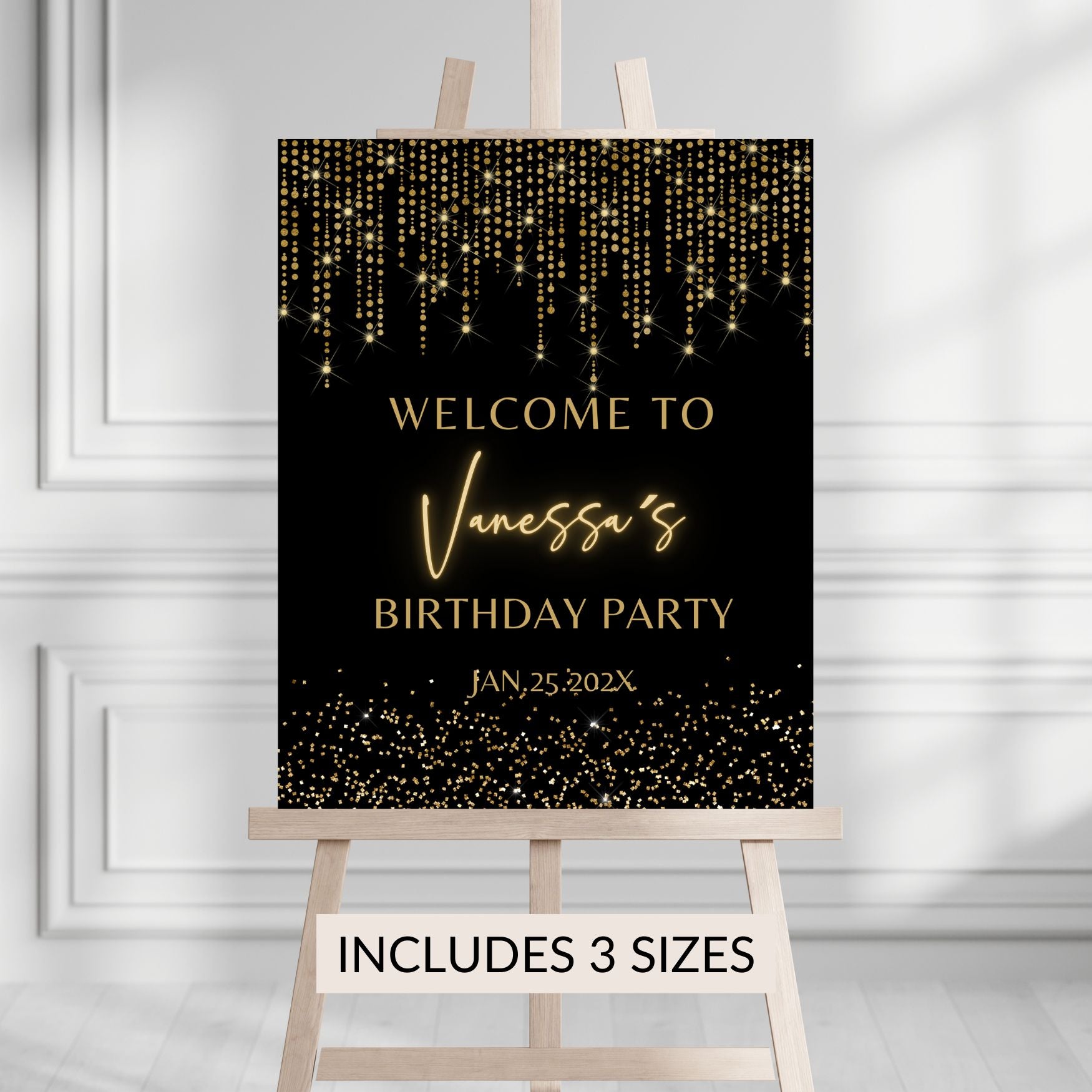 Personalized birthday party sign with gold text on a black background, displayed on an easel.