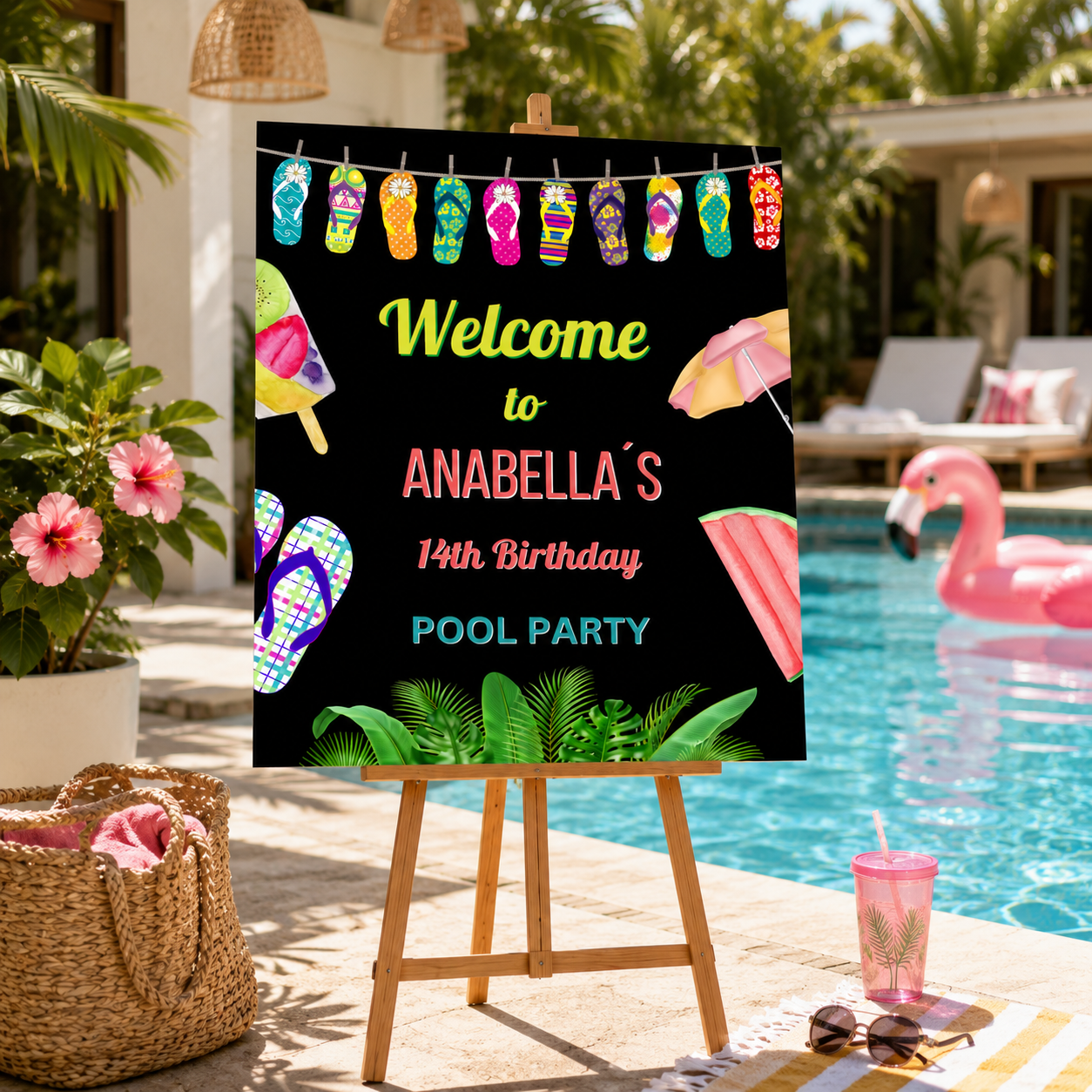 Colorful Flip Flops Pool Party Welcome Sign Template with vibrant summer design for birthday celebration.