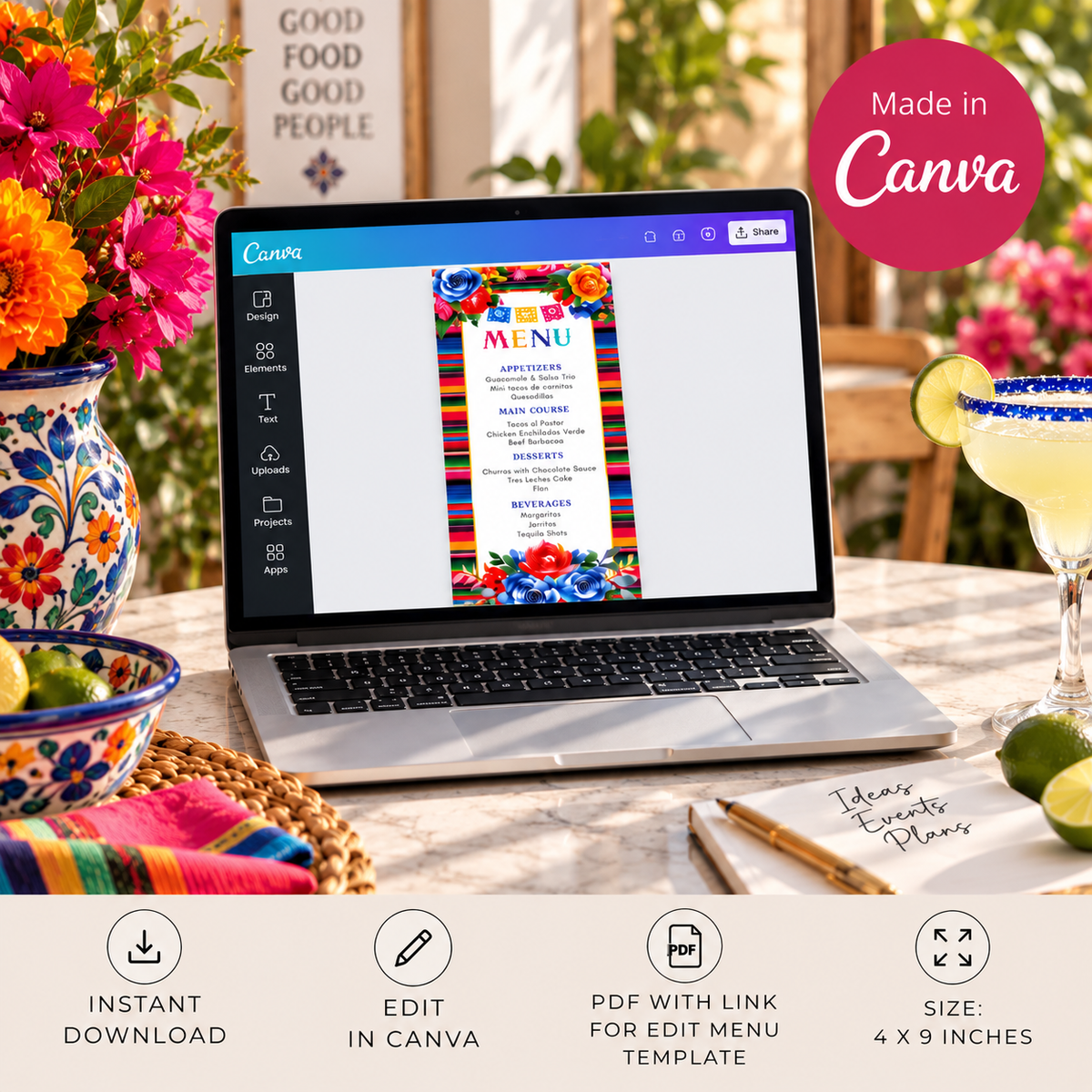 Editable Colorful Mexican Fiesta Menu Card displayed on laptop in Canva with vibrant floral designs and festive colors.