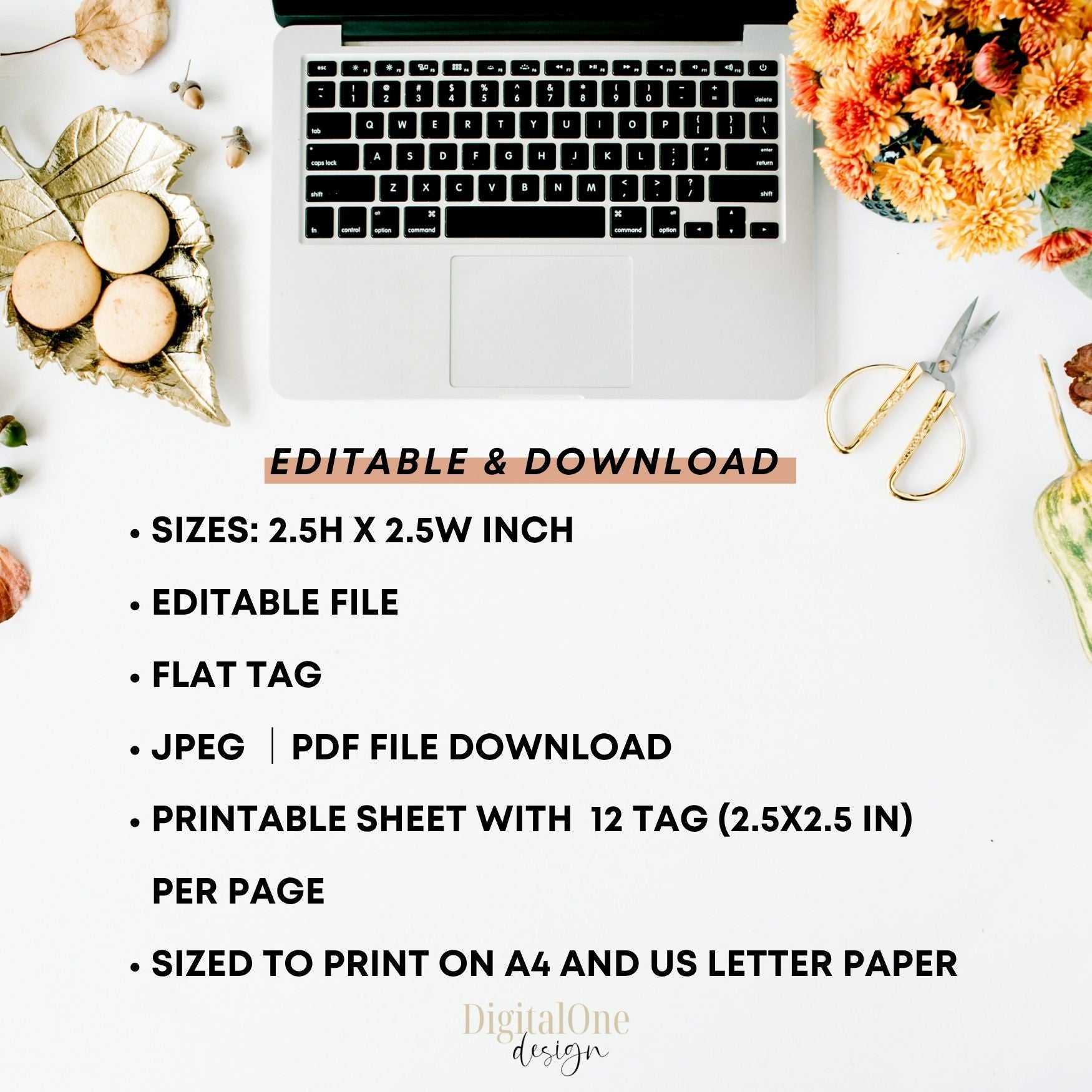 Laptop on a desk with decorative items and text about product features.