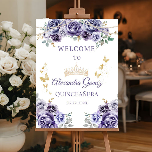 Quinceañera welcome sign with purple flowers and a crown on an easel.