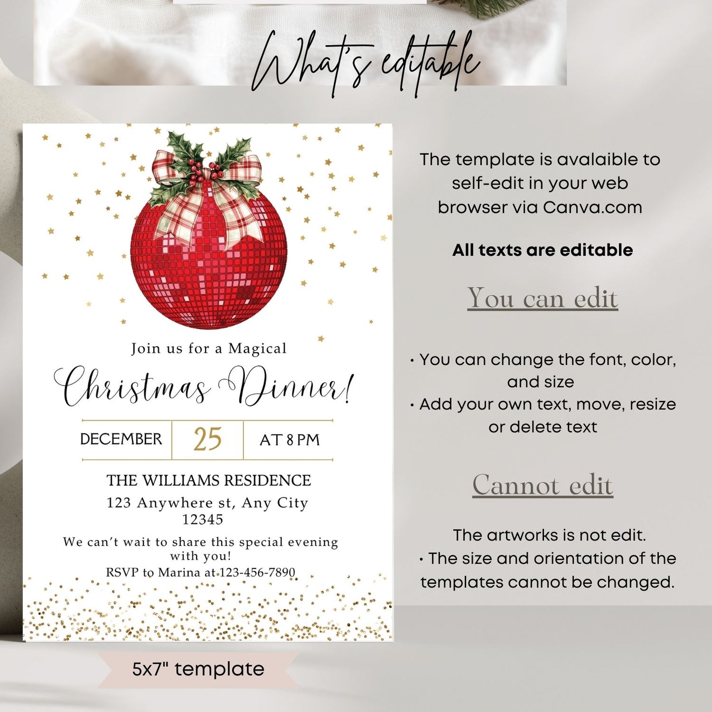 Editable Christmas dinner invitation template with editable text on a white background