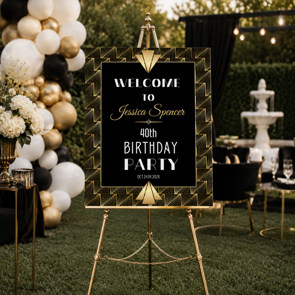 Black and Gold Gatsby Birthday Party Welcome Sign at a glamorous outdoor birthday celebration.