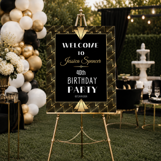 Black and Gold Gatsby Birthday Party Welcome Sign at a glamorous outdoor birthday celebration.